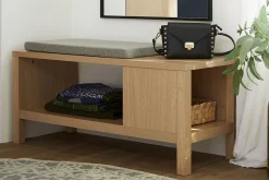 Miliboo Chaise En Bois|Banc-Banc d'entrée avec rangement finition bois clair chêne avec coussin banquette grège L100 cm GUMBY