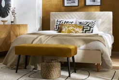 Miliboo Bout De Lit-Banc scandinave capitonné en tissu effet velours texturé beige et bois clair L96 cm GUESTA