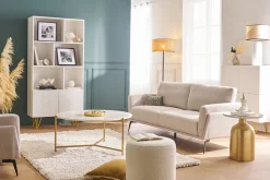 Miliboo Bibliothèque Et Étagère|Bibliothèque Et Étagère-Bibliothèque design gravée blanc mat et métal doré 2 portes L86 cm OZEN