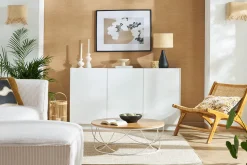 Miliboo Buffet-Buffet design blanc laqué brillant et bois clair 3 portes L155 cm NELIO