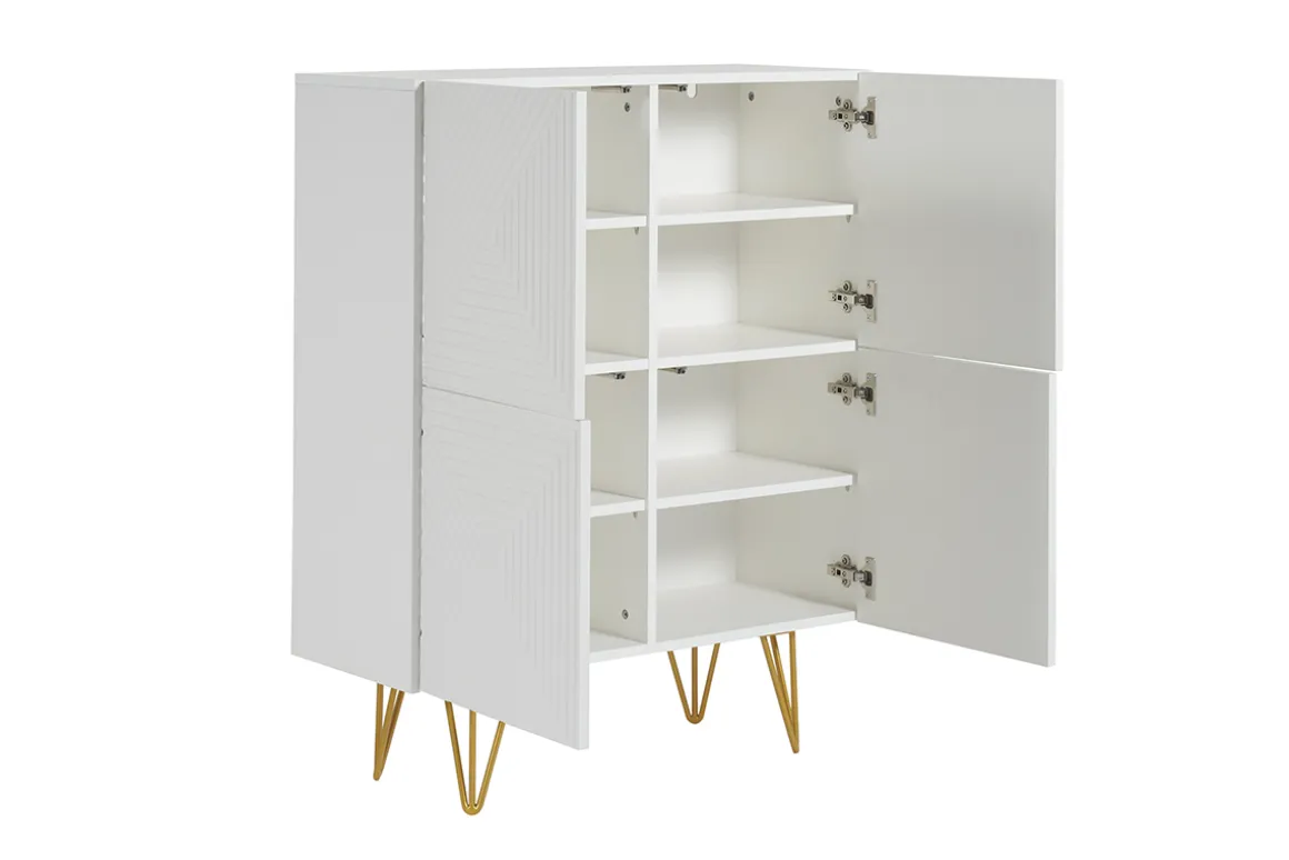 Miliboo Buffet|Meuble D'entrée-Buffet haut design gravé blanc mat et métal doré 4 portes L86 cm OZEN