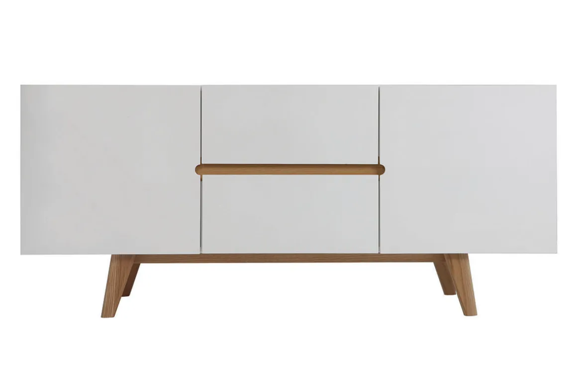 Miliboo Buffet-Buffet scandinave blanc brillant et finition bois clair 2 portes 2 tiroirs L160cm MELKA
