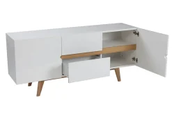 Miliboo Buffet-Buffet scandinave blanc brillant et finition bois clair 2 portes 2 tiroirs L160cm MELKA