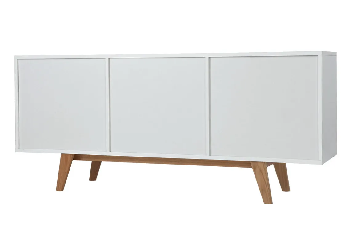 Miliboo Buffet-Buffet scandinave blanc brillant et finition bois clair 2 portes 2 tiroirs L160cm MELKA