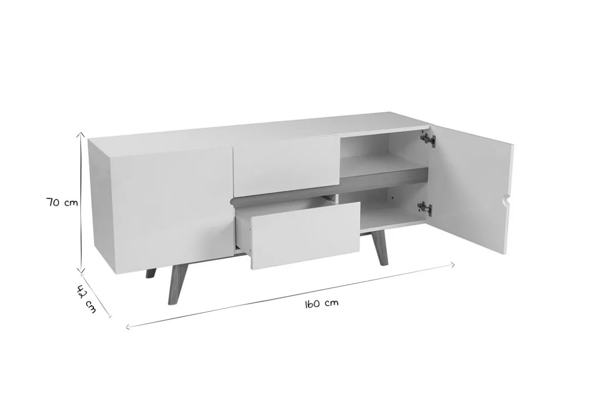 Miliboo Buffet-Buffet scandinave blanc brillant et finition bois clair 2 portes 2 tiroirs L160cm MELKA