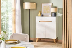 Miliboo Buffet-Buffet scandinave blanc brillant et finition bois clair 2 portes 2 tiroirs L80cm MELKA