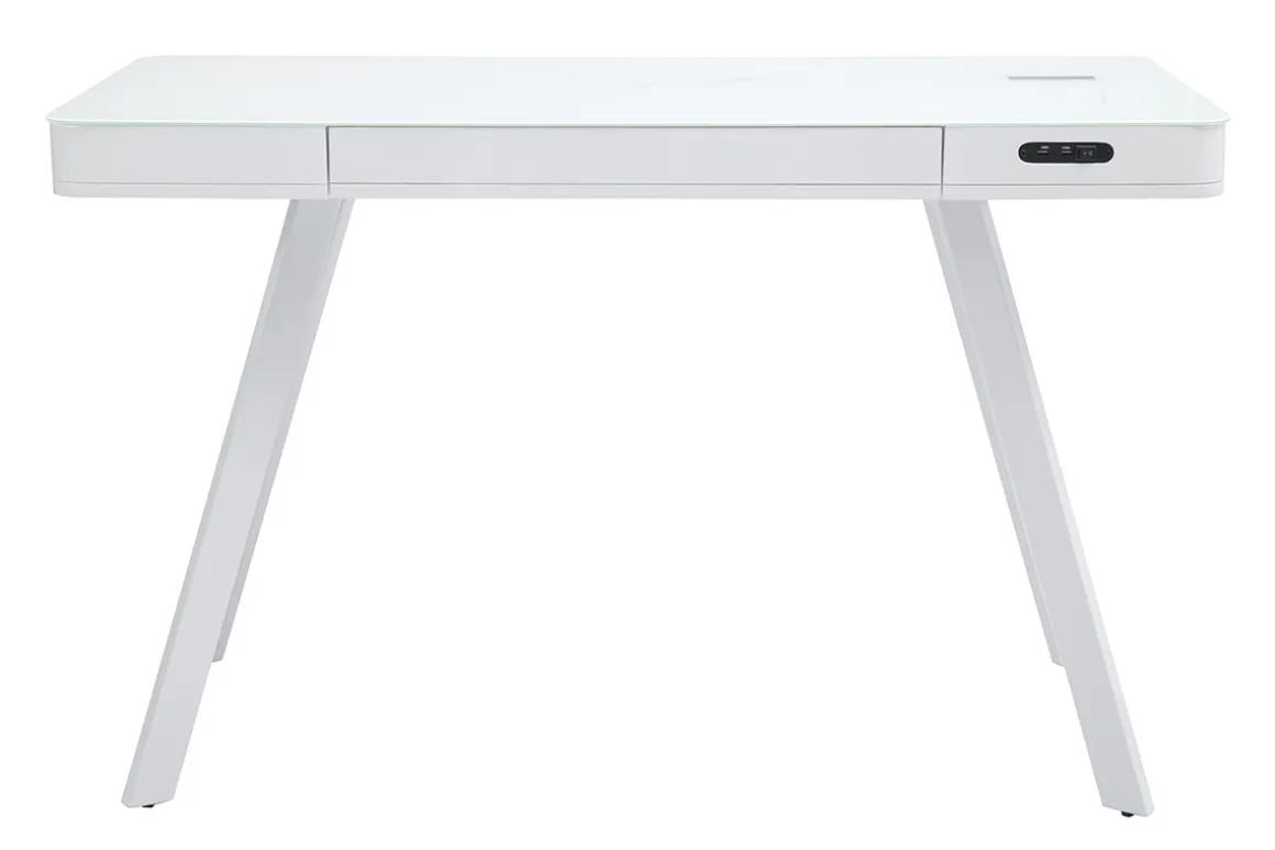 Miliboo Bureau Design-Bureau connecté multimédia avec tiroir en verre et métal blanc L120 cm CLEVER