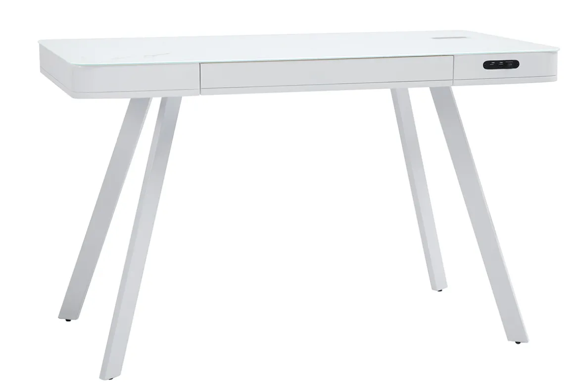 Miliboo Bureau Design-Bureau connecté multimédia avec tiroir en verre et métal blanc L120 cm CLEVER