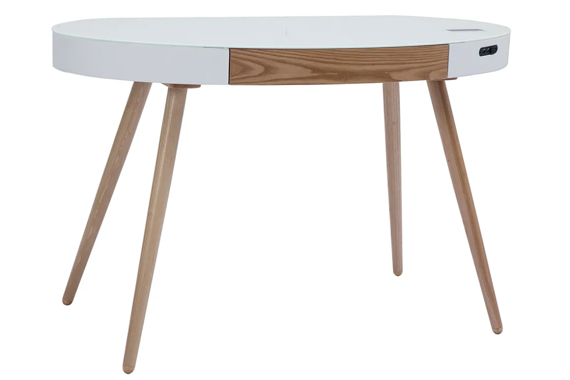 Miliboo Bureau Design-Bureau connecté multimédia verre blanc et bois clair L120 cm HANDY