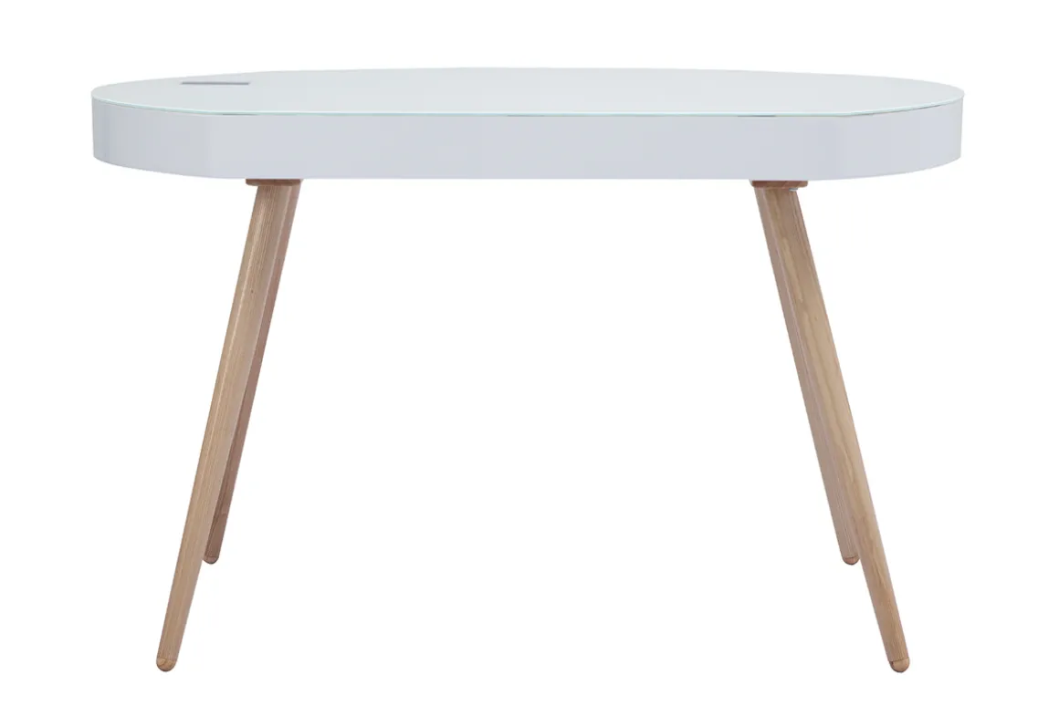 Miliboo Bureau Design-Bureau connecté multimédia verre blanc et bois clair L120 cm HANDY