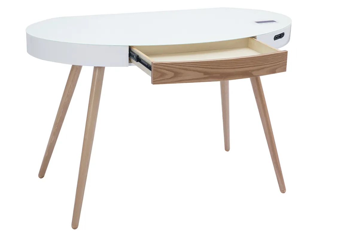 Miliboo Bureau Design-Bureau connecté multimédia verre blanc et bois clair L120 cm HANDY