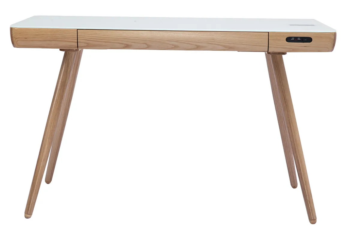 Miliboo Bureau Design-Bureau connecté multimédia avec tiroir en verre et bois clair L120 cm CLEVER