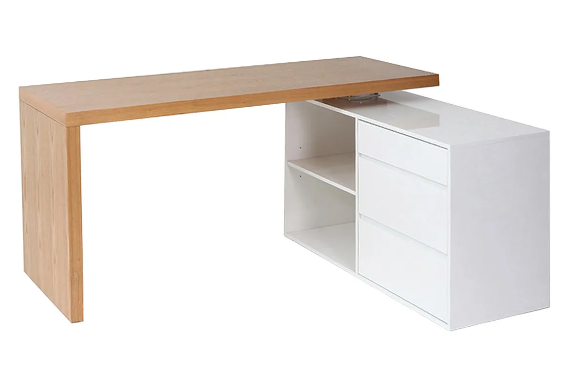 Miliboo Bureau Design-Bureau modulable design blanc brillant et bois clair frêne L160-235 cm NEW MAX