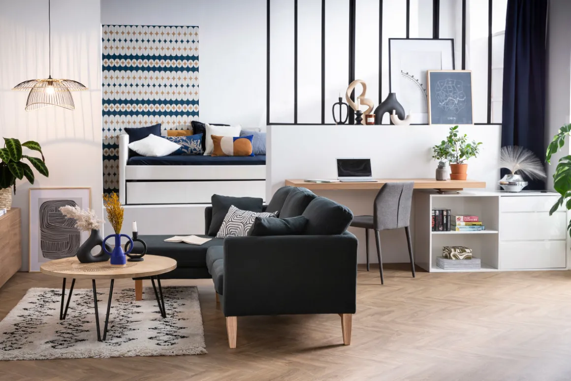 Miliboo Bureau Design-Bureau modulable design blanc brillant et bois clair frêne L160-235 cm NEW MAX