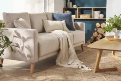 Miliboo Canapé Design|Voir Tous Les Canapés-Canapé 3 places en tissu bleu foncé et bois foncé MUNIK