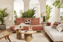 Miliboo Canapé Design|Voir Tous Les Canapés-Canapé 3 places en tissu effet velours texturé terracotta et bois clair L200 cm ODEON