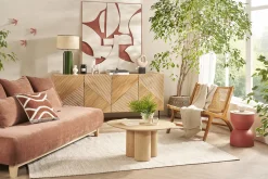 Miliboo Canapé Design|Voir Tous Les Canapés-Canapé 3 places en tissu effet velours texturé terracotta et bois clair L200 cm ODEON