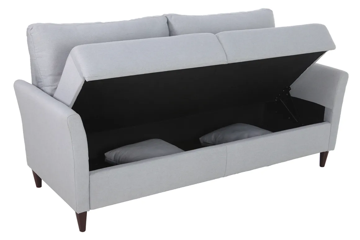 Miliboo Canapé Design|Voir Tous Les Canapés-Canapé avec coffre 3 places en tissu gris clair et bois foncé MEDLEY