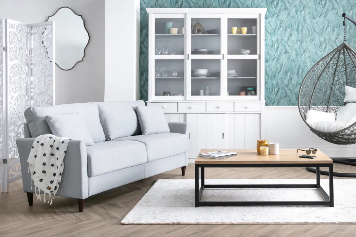 Miliboo Canapé Design|Voir Tous Les Canapés-Canapé avec coffre 3 places en tissu gris clair et bois foncé MEDLEY