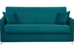 Miliboo Canapé Convertible|Voir Tous Les Canapés-Canapé convertible 3 places en tissu bleu canard et bois clair avec matelas 18 cm SKANDY