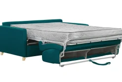 Miliboo Canapé Convertible|Voir Tous Les Canapés-Canapé convertible 3 places en tissu bleu canard et bois clair avec matelas 18 cm SKANDY
