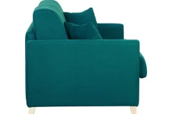 Miliboo Canapé Convertible|Voir Tous Les Canapés-Canapé convertible 3 places en tissu bleu canard et bois clair avec matelas 18 cm SKANDY