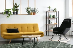 Miliboo Canapé Convertible|Voir Tous Les Canapés-Canapé convertible 3 places en tissu effet velours jaune moutarde et bois clair SENSO