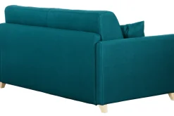 Miliboo Canapé Convertible|Voir Tous Les Canapés-Canapé convertible 3 places en tissu bleu paon et bois clair avec matelas 12 cm SKANDY