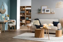 Miliboo Canapé Convertible|Voir Tous Les Canapés-Canapé convertible 3 places en tissu jaune moutarde et bois clair avec matelas L140 cm 13 cm GRAHAM