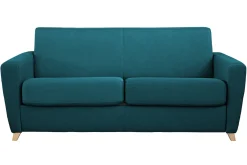 Miliboo Canapé Convertible|Voir Tous Les Canapés-Canapé convertible 3 places en tissu bleu canard et bois clair avec matelas L140 cm 13 cm GRAHAM