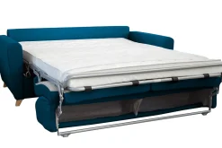 Miliboo Canapé Convertible|Voir Tous Les Canapés-Canapé convertible 3 places en tissu bleu canard et bois clair avec matelas L140 cm 13 cm GRAHAM