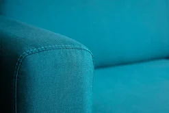 Miliboo Canapé Convertible|Voir Tous Les Canapés-Canapé convertible 3 places en tissu bleu canard et bois clair avec matelas L140 cm 13 cm GRAHAM