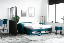 Miliboo Canapé Convertible|Voir Tous Les Canapés-Canapé convertible 3 places en tissu bleu canard et bois clair avec matelas L140 cm 13 cm GRAHAM