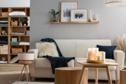 Miliboo Canapé Convertible|Voir Tous Les Canapés-Canapé convertible 3 places en tissu bleu canard et bois clair avec matelas L140 cm 13 cm GRAHAM