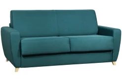 Miliboo Canapé Convertible|Voir Tous Les Canapés-Canapé convertible 3 places en tissu bleu canard et bois clair avec matelas 18 cm GRAHAM