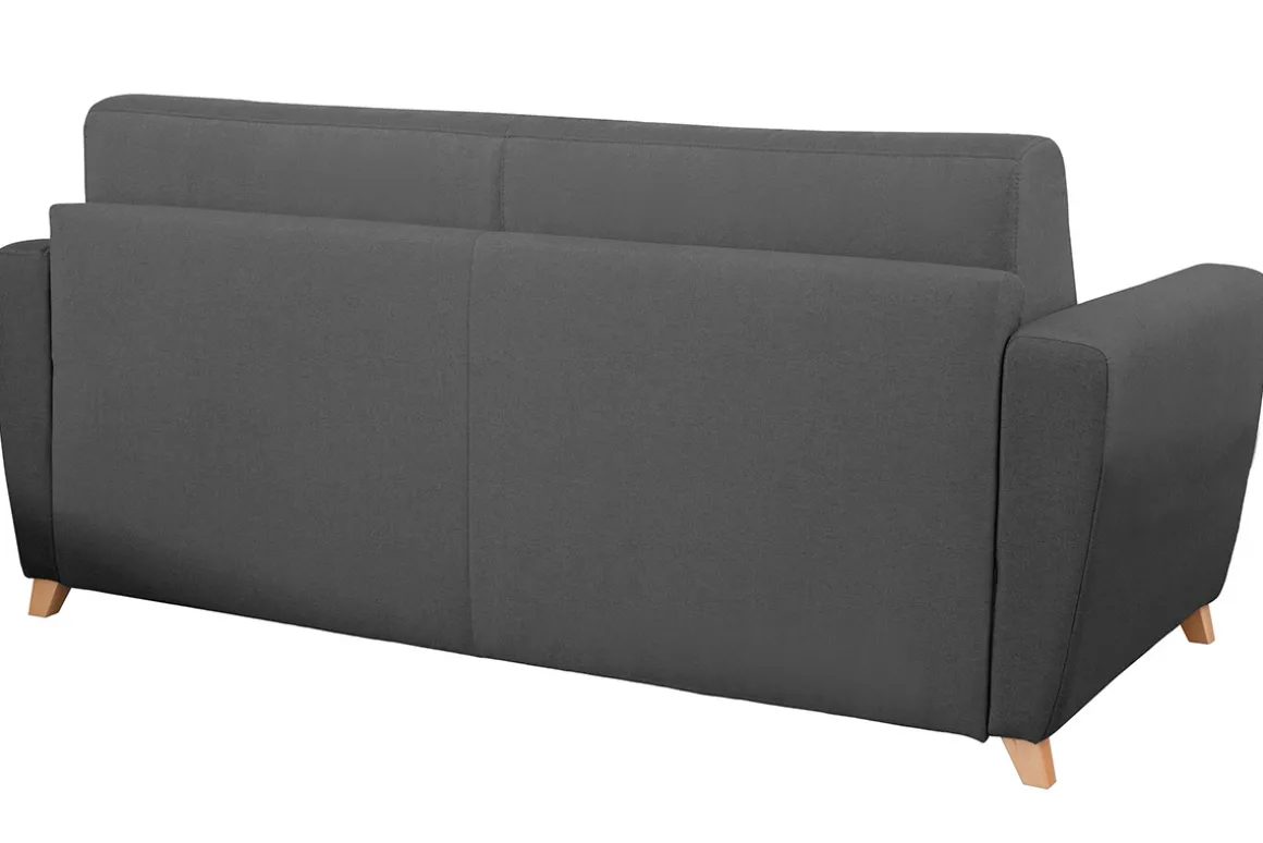 Miliboo Canapé Design|Voir Tous Les Canapés-Canapé convertible 3 places en tissu gris foncé et bois clair avec matelas L140 cm 12 cm GRAHAM