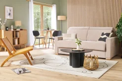 Miliboo Canapé Convertible|Voir Tous Les Canapés-Canapé convertible avec têtières ajustables 3 places en tissu effet velours beige avec matelas 18 cm NORO