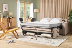 Miliboo Canapé Convertible|Voir Tous Les Canapés-Canapé convertible avec têtières ajustables 3 places en tissu effet velours beige avec matelas 18 cm NORO