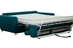 Miliboo Canapé Convertible|Voir Tous Les Canapés-Canapé convertible avec têtières ajustables 3 places en tissu bleu paon et bois clair avec matelas 13 cm GOYA