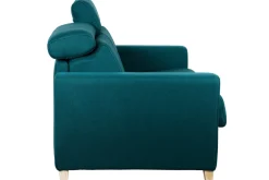 Miliboo Canapé Convertible|Voir Tous Les Canapés-Canapé convertible avec têtières ajustables 3 places en tissu bleu paon et bois clair avec matelas 13 cm GOYA