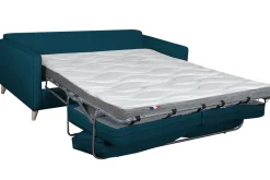 Miliboo Canapé Convertible|Voir Tous Les Canapés-Canapé convertible scandinave 3 places en tissu bleu canard et bois clair avec matelas 10 cm PAPEL