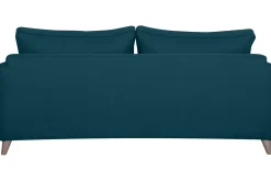 Miliboo Canapé Convertible|Voir Tous Les Canapés-Canapé convertible scandinave 3 places en tissu bleu canard et bois clair avec matelas 10 cm PAPEL