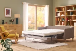 Miliboo Canapé Convertible|Voir Tous Les Canapés-Canapé convertible scandinave 3 places en tissu effet velours taupe et bois clair LOUISE