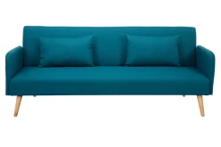 Miliboo Canapé Convertible|Voir Tous Les Canapés-Canapé convertible scandinave 3 places en tissu bleu canard et bois clair LULA