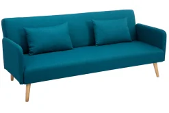 Miliboo Canapé Convertible|Voir Tous Les Canapés-Canapé convertible scandinave 3 places en tissu bleu canard et bois clair LULA