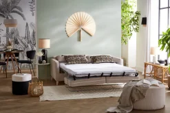 Miliboo Canapé Convertible|Voir Tous Les Canapés-Canapé convertible scandinave 3 places en tissu beige et bois clair avec matelas 10 cm PAPEL