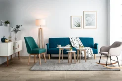 Miliboo Canapé Design|Canapé Convertible-Canapé convertible scandinave 3 places en tissu bleu canard et bois clair OSCAR