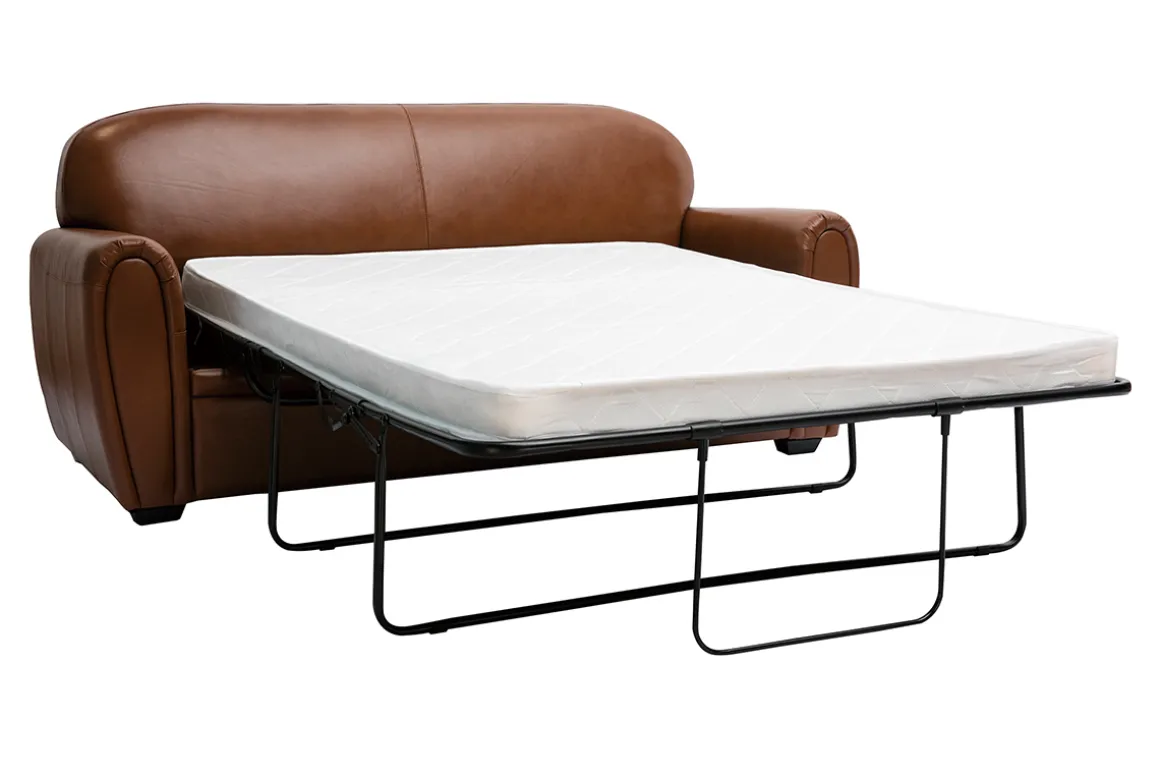 Miliboo Canapé Convertible|Canapé Cuir-Canapé convertible vintage 3 places cuir marron et bois noir avec matelas 9 cm CLUB