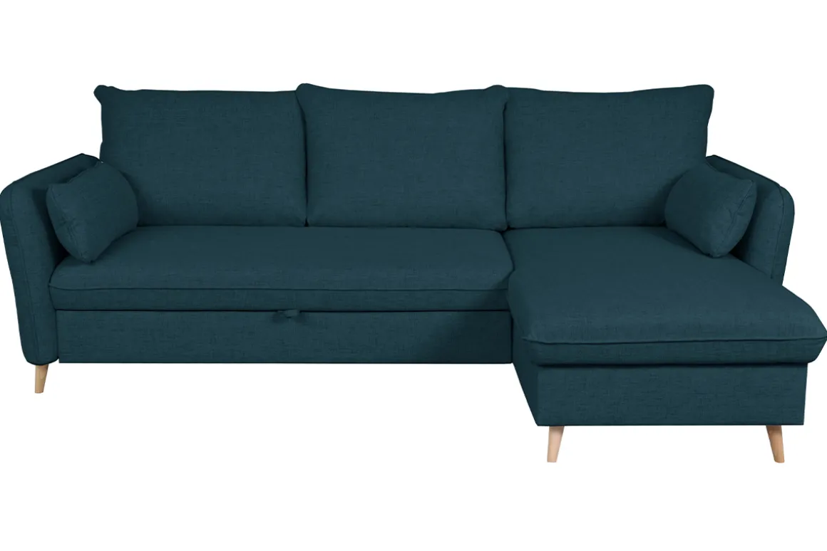 Miliboo Canapé Convertible|Canapé D'angle-Canapé d'angle convertible réversible avec coffre 3-4 places en tissu bleu océan et bois clair DRISS