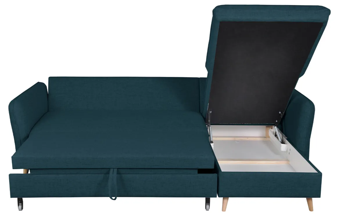 Miliboo Canapé Convertible|Canapé D'angle-Canapé d'angle convertible réversible avec coffre 3-4 places en tissu bleu océan et bois clair DRISS